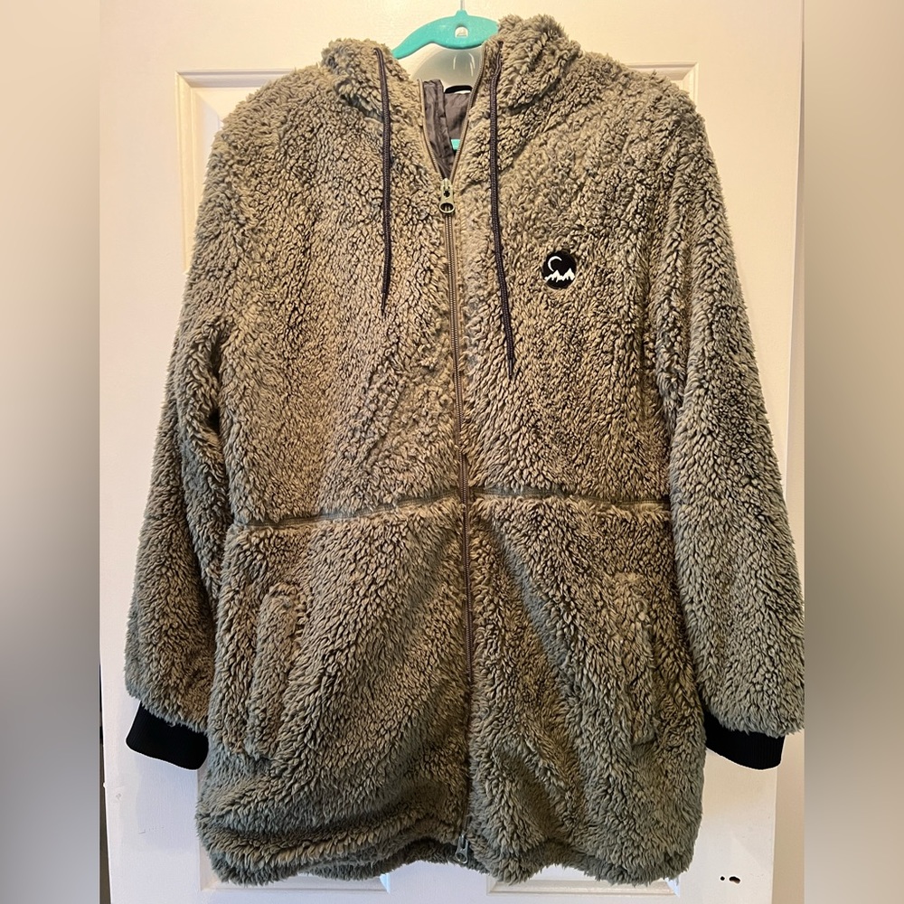 Zyia Olive Green long Sherpa jacket. Light weight but warm. Size Large